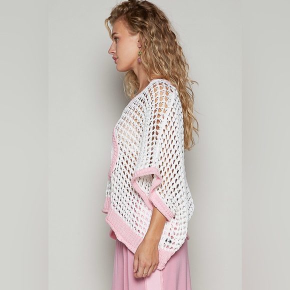 #207 2left! POL Pink and White Crochet Peace Sign Top - Picture 3 of 4